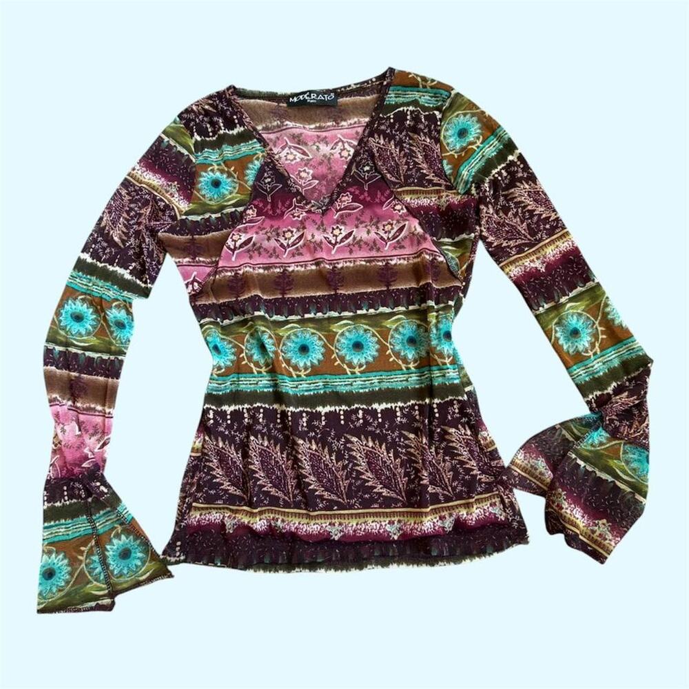Euro brand moderato paris mesh floral print long sleeve top with bell sleeves